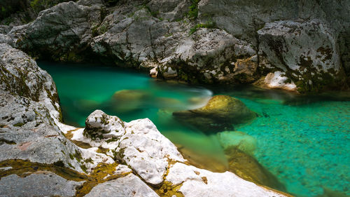 High angle view of soca river amidst rock formation