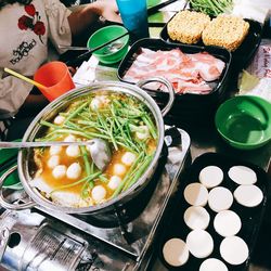 High angle view of food in bowl on table