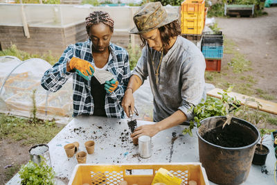Male and female farmers planting at table in urban garden