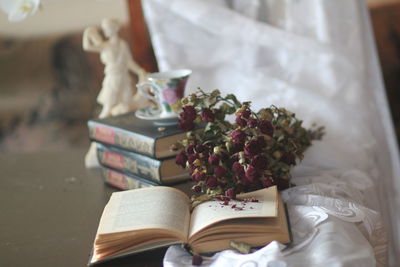 High angle view of flower vase on table