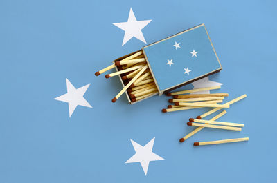 High angle view of flag against blue sky