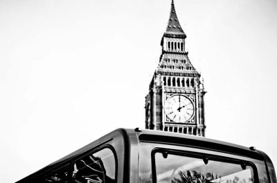 Low angle view of clock tower against clear sky