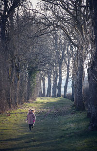 Girl running amidst trees in forest