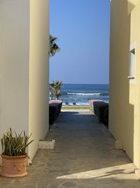 Potted plants by sea against clear sky