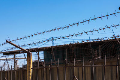 Low angle view of barbed wire fence against clear sky