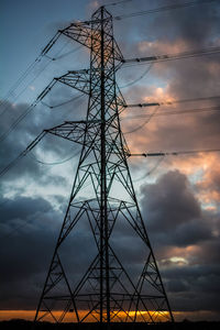 Low angle view of electricity pylon against cloudy sky