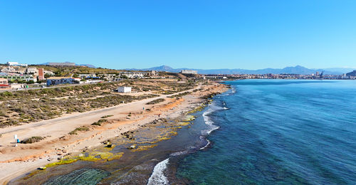 High angle view of beach against clear blue sky