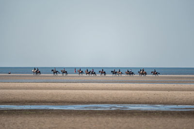 Group of people on beach against clear sky