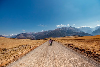 Rear view of men walking on mountain against sky