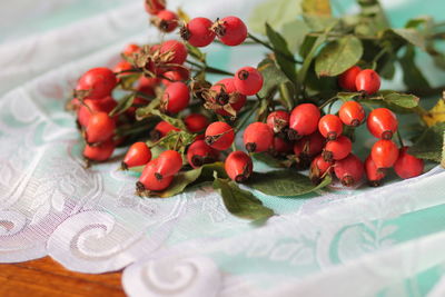 Close-up of cherries on table