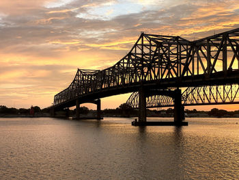 Silhouette of bridge over river during sunset