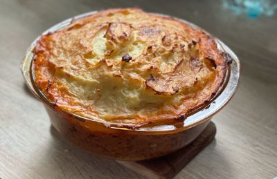 High angle view of dessert on table
