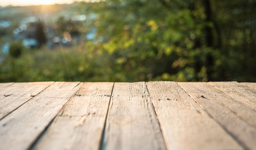 Close-up of wooden bench on table in forest