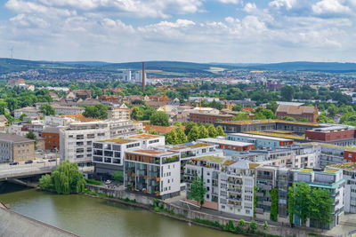 High angle view of river amidst buildings against sky