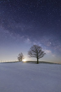 Scenic view of snow field against sky at night