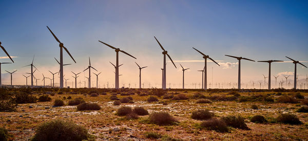 Wind turbines on field against sky