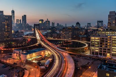 High angle view of illuminated city at night