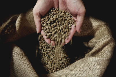 Close-up of cupped hands holding raw coffee beans over burlap sack