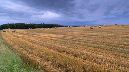 Hay bales on field against sky