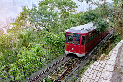 Train on railroad track in city