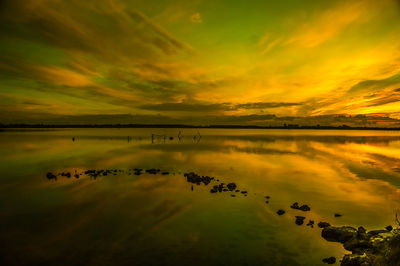 Scenic view of lake against sky during sunset