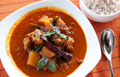 High angle view of soup in bowl on table