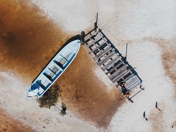 High angle view of boat on shore