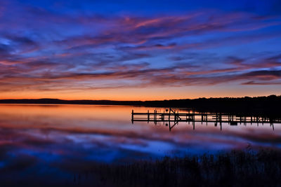 Scenic view of lake against romantic sky at sunset