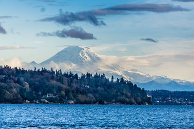 Scenic view of sea and mountains against sky