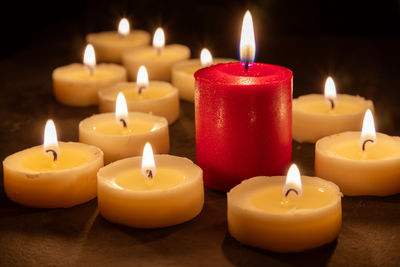 Close-up of burning candles on table
