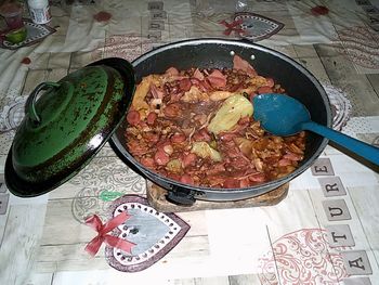 High angle view of fruits in plate on table