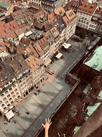 High angle view of buildings and street in city