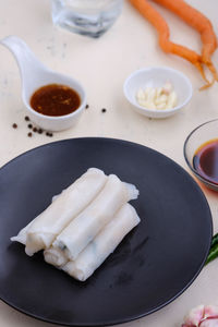 High angle view of dessert in plate on table