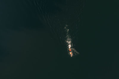 Aerial view on a swimmer in the blue water of a lake.