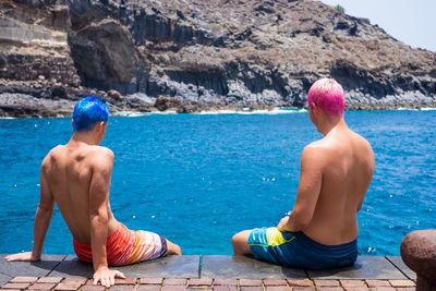 Rear view of shirtless man looking at sea