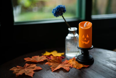 Close-up of christmas decorations on table