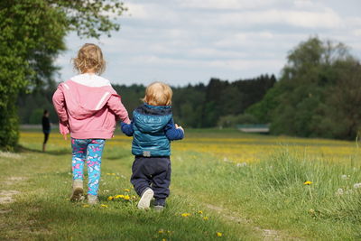 Rear view of siblings walking on grassy field