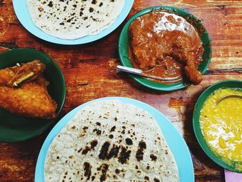 High angle view of breakfast served on table