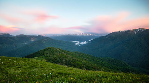 Landscape panorama of the mountains and forests in the dark. long exposure at sunset - blue hour