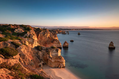 Scenic view of bay against clear sky