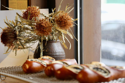 Close-up of christmas decorations on table