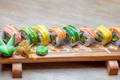 Close-up of sushi on cutting board