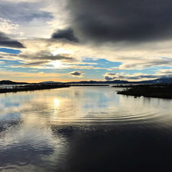 Scenic view of lake against dramatic sky