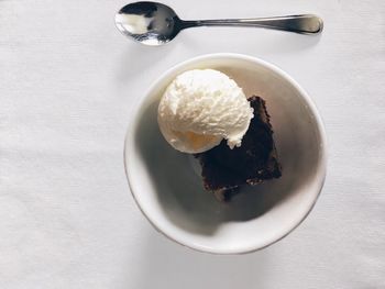 High angle view of ice cream in bowl on table