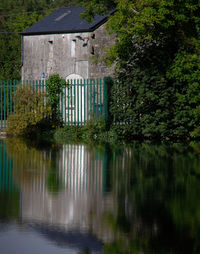 Reflection of trees and building in lake