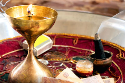 Close-up of lit candles on table