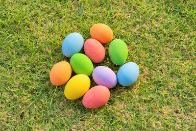 Close-up of easter eggs on grassy field