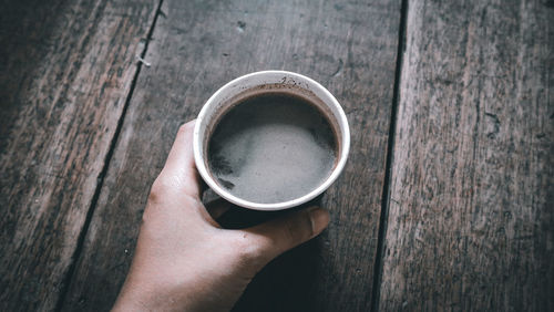 Close-up of hand holding coffee cup