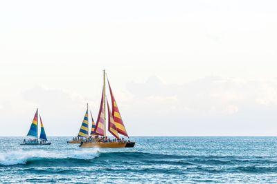 Sailboat sailing on sea against sky