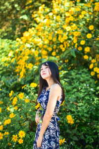 Beautiful young woman standing on yellow flowering plants